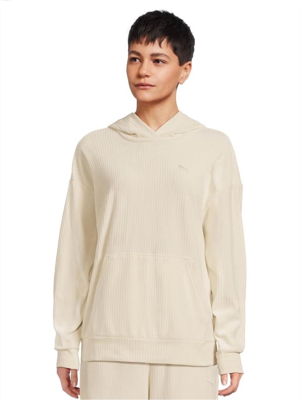 Puma Cream Ribbed Hoodie with Subtle Logo